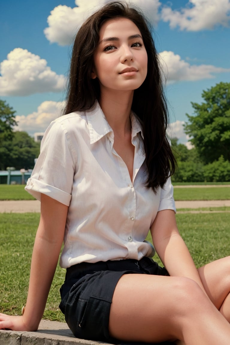 (Masterpiece:1.4), (Illustration:1.4), 1girl, long hair, Blackhair, brown eyes, jitome, sitting, on park, day, blue Sky, clouds, black shorts, BREAK, 
White shirt, CherieChung,