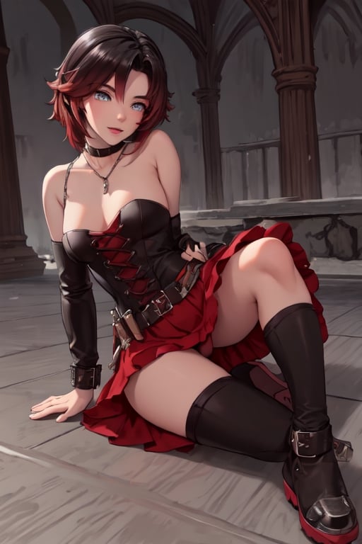 A full body Photograph with realistic style portrays a sexy Ruby Rose from the anima RWBY.  

Ruby is a fair-skinned young girl with silver eyes and neck-length black hair with red tips. She has small breasts.

she wears a black dress consisting of a long-sleeved blouse with a high collar and red trim on the sleeves, over which is a black waist cincher with red lacing up the front, and a matching skirt with red lining and a red petticoat. She also wears a pair of thick black tights that fade to red near the bottom, and black combat boots with red laces, red trims around the top, and red soles.

Her outfit is topped by a red hooded cloak fastened to her shoulders by cross-shaped pins. Her emblem appears as a large silver buckle on her wide black belt, which is slung around her hips on an angle. Attached to her belt are a pocket and a row of bullets.