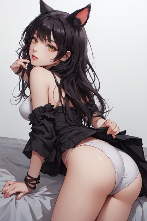 ((back View:1.2)), Photograph with realistic style portrays a sexy Blake Belladonna from the anime RWBY. She has medium breasts.
Blake is a fair-skinned young woman with wavy black hair and amber eyes. Her Faunus trait is a pair of black cat ears on top of her head.
During her attendance at Beacon, she wears a black, buttoned vest with coattails and a single silver button on the front. Underneath this is a white, sleeveless, high necked, crop undershirt and tight white spandex compression shorts that reach her upper thighs with a zipper on the front of each leg, emblazoned with the YKK logo of the real-life Japanese zipper manufacturer.
She also wears black low-heeled boots and full stockings with a color gradation of black to purple at her ankles. Her emblem is visible on the outside of both thighs just below her shorts in white. On her left arm is a black detached sleeve with a silver cuff around her bicep, and black ribbons are wrapped around both forearms. A small, loose, black scarf is wrapped around her neck, and a gray magnetic backpack is strapped to her back, hidden by her hair. She often keeps her weapon attached to the magnetic backpack when she is not using it.
A black ribbon is tied with a large bow on the top of her head, with her cat ears hidden inside the loops. She wears purple eye shadow in cats eye style.,blake_belladonna