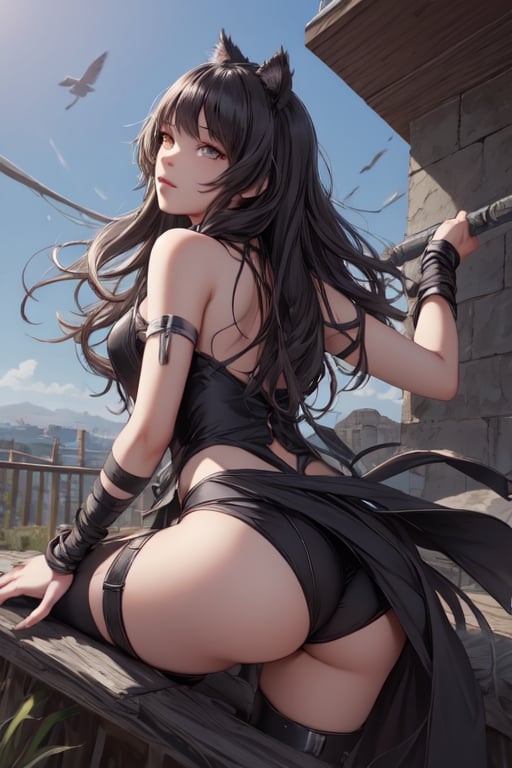 Photograph with realistic style portrays a sexy Blake Belladonna from the anime RWBY. She has medium breasts.
Blake is a fair-skinned young woman with wavy black hair and amber eyes. Her Faunus trait is a pair of black cat ears on top of her head.
During her attendance at Beacon, she wears a black, buttoned vest with coattails and a single silver button on the front. Underneath this is a white, sleeveless, high necked, crop undershirt and tight white spandex compression shorts that reach her upper thighs with a zipper on the front of each leg, emblazoned with the YKK logo of the real-life Japanese zipper manufacturer.
She also wears black low-heeled boots and full stockings with a color gradation of black to purple at her ankles. Her emblem is visible on the outside of both thighs just below her shorts in white. On her left arm is a black detached sleeve with a silver cuff around her bicep, and black ribbons are wrapped around both forearms. A small, loose, black scarf is wrapped around her neck, and a gray magnetic backpack is strapped to her back, hidden by her hair. She often keeps her weapon attached to the magnetic backpack when she is not using it.
A black ribbon is tied with a large bow on the top of her head, with her cat ears hidden inside the loops. She wears purple eye shadow in cats eye style.,blake_belladonna