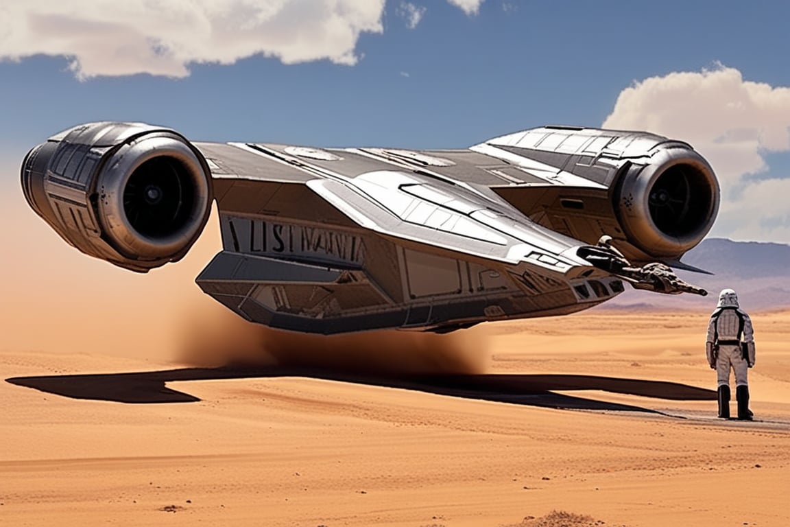 A Mellinium Falcon crest \(star wars\) landing on desert,thrusts from the jet engine,parked on ground,side door open,ramp from the door,Han Solo walking out of the ship,sand,sky,cloud,realistic,detailed,sharp focus,high contrast,ek_rcfr0nt_right