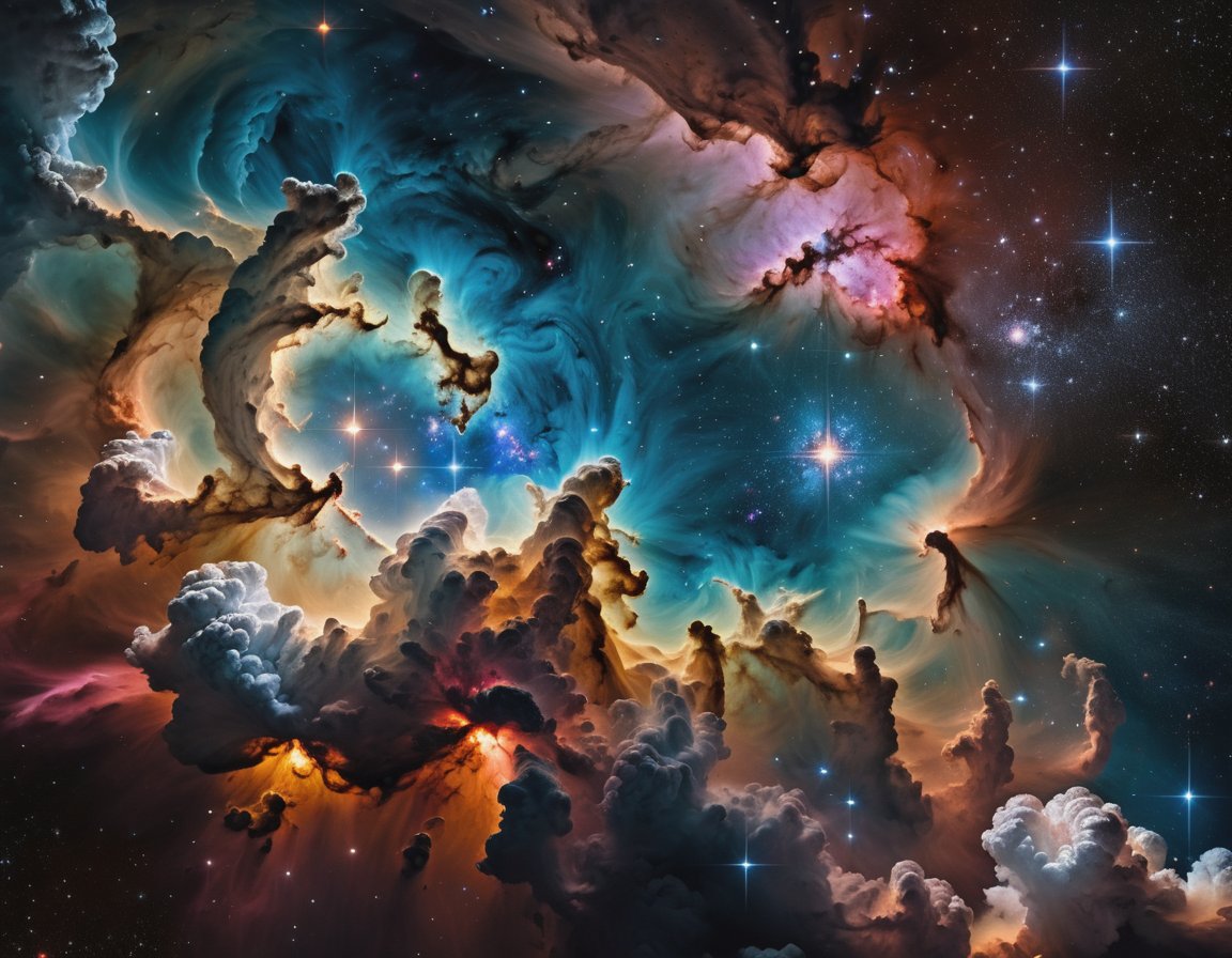 Hyperrealistic, masterpiece, brilliant image of Deep Space, cosmic clouds, galaxys,  nebulas, Ultra-high resolution and high contrast,  muted highlights, 12k, insane details, brilliant composition