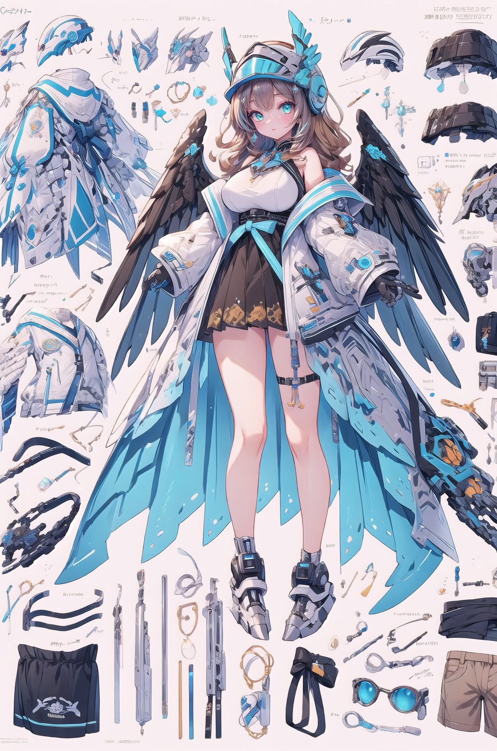 ultra detailed white puffer jacket and a customized helmet, ((mecha leg)), (brown and white colors), full body concept art, knight, very long curly hair, decorations, mechanical,metal, artstation, casual, same character in two angles, big breasts, 8erect nipples), gloves, techwear, pixiv character, official character art, cyan legs, (toned), wings in helmet, wide shoulders, best quality, detailed character artwork, cool outfit, modern game character, color balance, patterns, very stylized design, (full body concept art), full length character, artistic, high quality, (intricate details), beautiful lighting, 1girl, modern fantasy, black visor, tight outfit, 