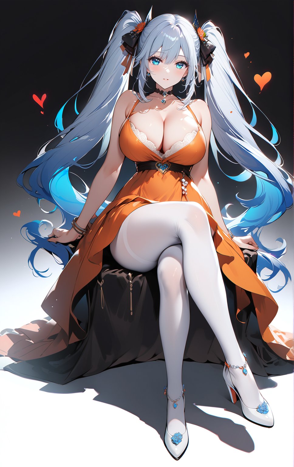 1girl, solo, long hair, breasts, looking at viewer, blush, smile, (tall), mature woman, 4k, (beautiful), great composition, bangs, blue eyes, silver hair, large breasts, simple background, hair ornament, white background, pale orange dress, ribbon, cleavage, hair between eyes, bare shoulders, twintails, jewelry, very long hair, closed mouth, standing, full body, ((color harmony)), hair ribbon, flower, heart, pantyhose, wings, sleeveless, choker, white dress, bracelet, black ribbon, sleeveless dress, sunlight, (ambient occlusion), octane render, white footwear, crossed legs, white pantyhose, blue flower,niji color,seecolor,1 girl,motherly,milf,mature female,niji5,Expressiveh,concept art,dark theme,More Reasonable Details