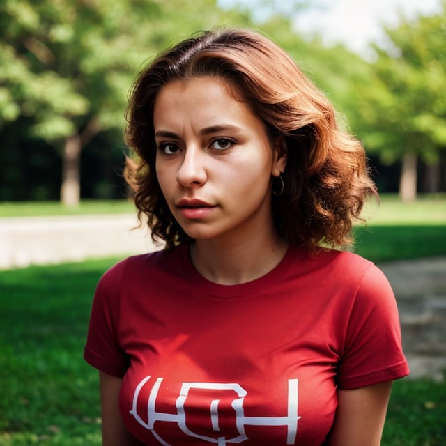 (very detailed), (ultra realistic), photography, 1 woman, light skin, grimace, alone, blonde hair, upper body, looking at viewer, t-shirt, red t-shirt, outdoors, depth of field, blurred background, , VaneL