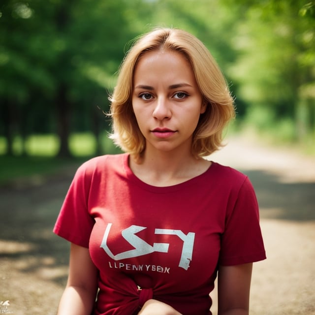 (highly detailed), (realistic), (photograph), 1 woman, light skin, grimace, alone, blonde hair, tied hair, upper body, looking at viewer, t-shirt, red t-shirt, outdoors, depth of field, blurred background, VaneL