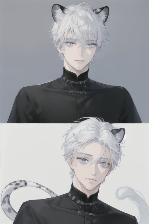 Boy with white hair, blue eyes, with leopard ears, black shirt, half smiling