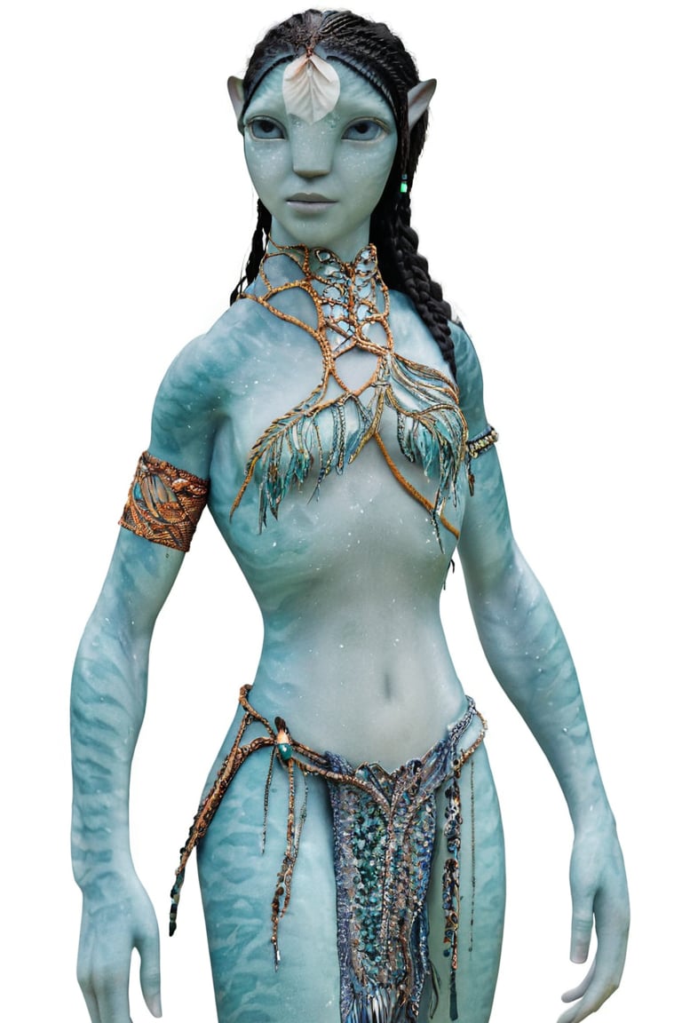 beautiful na’vi, alien, female, aqua skin, colored skin, pointed ears, freckles, soft blue eyes, braided black hair, tribal jewelry, loincloth, skin details, finned arms, longer torso, navel, full body, blank white background, visual dictionary, More Reasonable Details