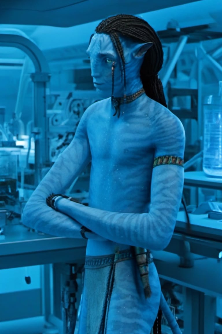 Lo’ak, na’vi, blue skin, freckles, black braids, tribal jewelry, male, 1boy, in laboratory, talking, upper body, tail, realistic_eyes, skin details, extreme details, HDR, HD resolution, movie scene, movie still