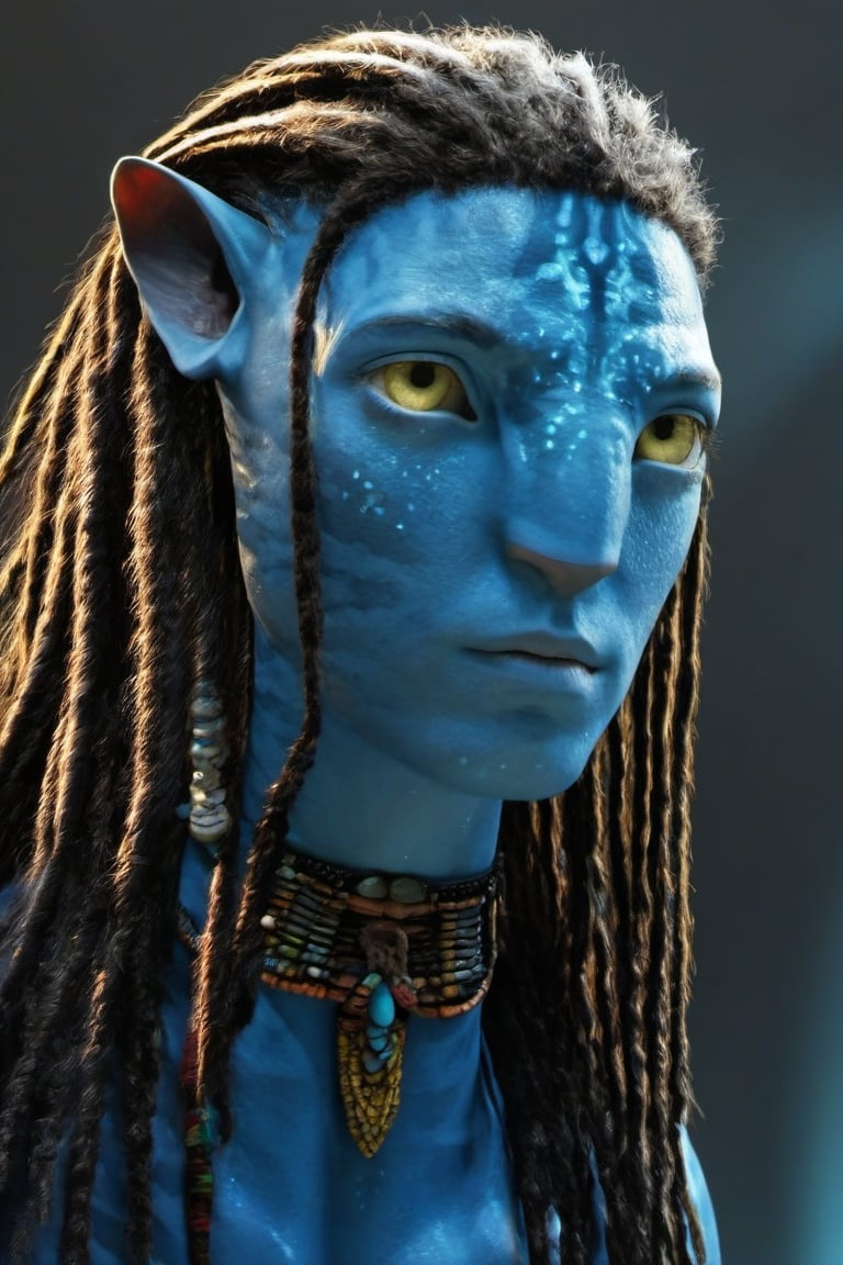 Na’vi, Avatar, dreads, white blank background, alien, jewlrey, portrait, lots of details, pale yellow eyes, blue skin, 4k, 8k, freckles, close up, AVATAR-OME