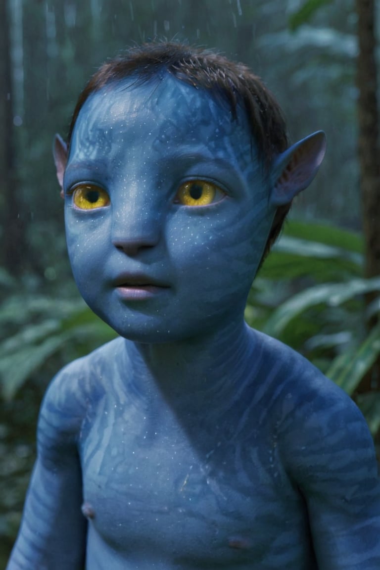 beautiful na’vi, alien, baby, blue skin, colored skin, pointed ears, freckles, soft yellow eyes, bald, skin details, forest background, night time, glowing freckles, raining,  visual dictionary, More Reasonable Details