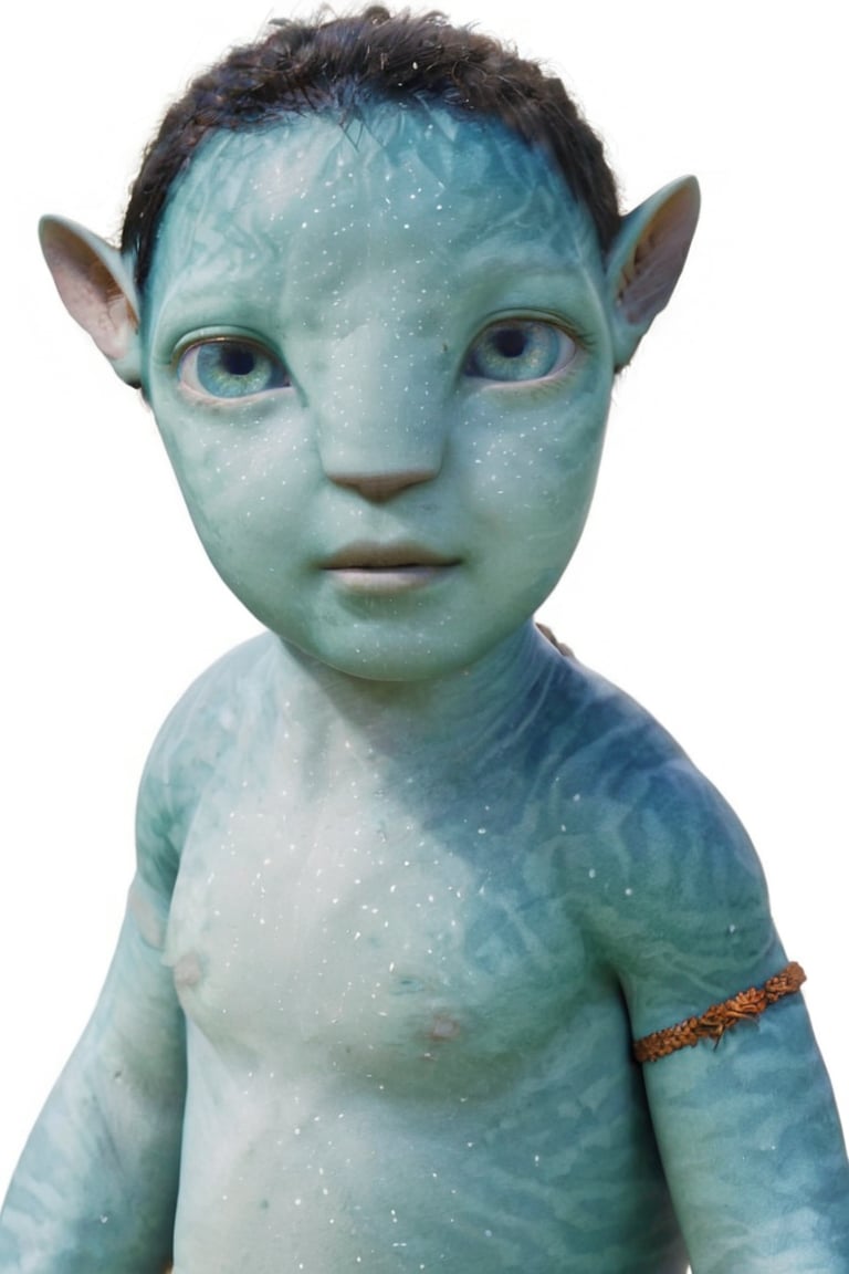 beautiful na’vi, metkayina, alien, baby, turqoise skin, colored skin, pointed ears, freckles, soft blue eyes, bald, skin details, blank white background, visual dictionary, More Reasonable Details