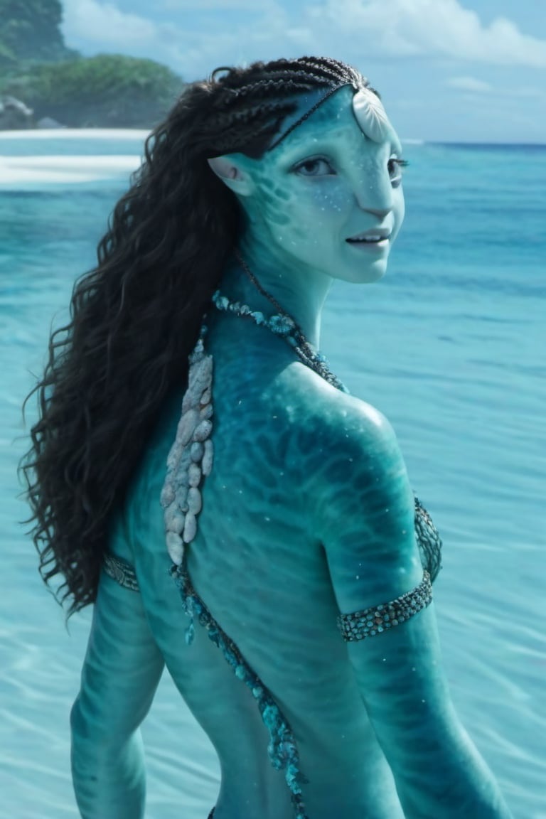Beautiful na’vi,((Emmy Rossum)), female, aqua skin, jewelry, (( beach:background)), ((closeup)), movie scene, freckles, detailed, hdr, high quality, movie still, visible tail, skin detail,ADD MORE DETAIL