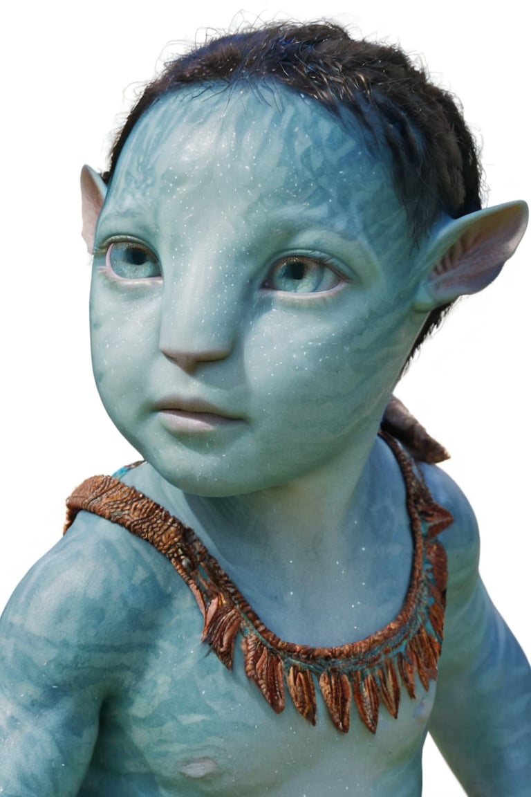 beautiful na’vi, metkayina, alien, baby, turqoise skin, colored skin, pointed ears, freckles, soft blue eyes, bald, skin details, blank white background, visual dictionary, More Reasonable Details