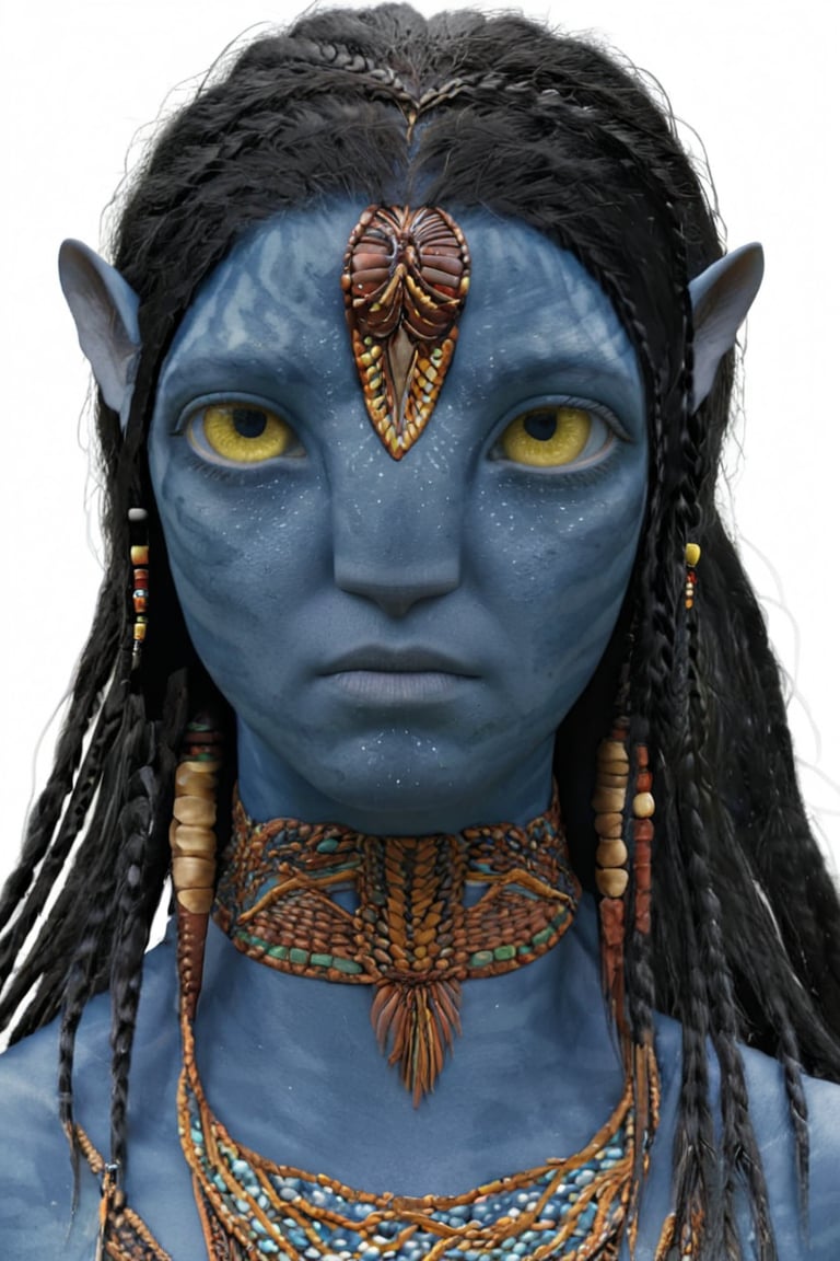 na’vi, alien, female, blue skin, colored skin, pointed ears, freckles, light yellow eyes, braided black hair, tribal jewelry, skin details, bust shot, blank white background, visual dictionary, More Reasonable Details