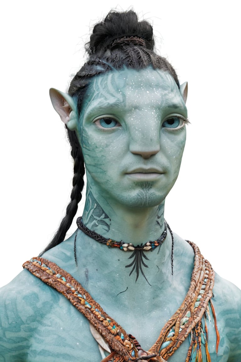 beautiful na’vi, alien, male, smirk, tribal tattoos, turquoise skin, colored skin, pointed ears, freckles, soft blue eyes, braided black hair, tribal jewelry, bust shot, skin details, blank white background, visual dictionary, More Reasonable Details