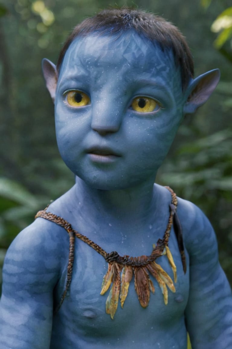 beautiful na’vi, alien, baby, blue skin, colored skin, pointed ears, freckles, soft yellow eyes, bald, skin details, forest background, visual dictionary, More Reasonable Details