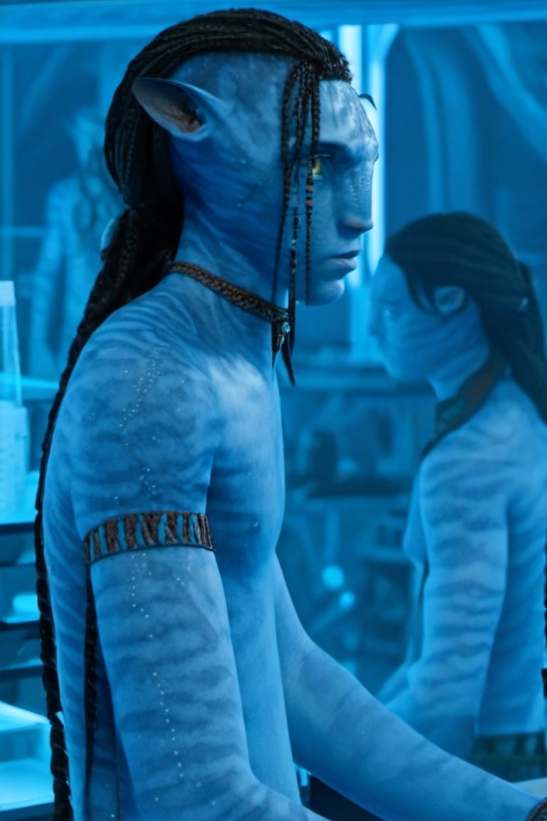 Lo’ak, na’vi, blue skin, freckles, black braids, tribal jewelry, male, 1boy, in laboratory, looking at person out of frame, upper body, tail, realistic_eyes, skin details, extreme details, HDR, HD resolution, movie scene, movie still