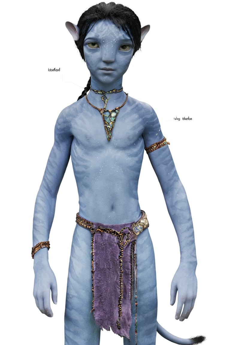 na’vi, alien, 1boy, child, blue skin, colored skin, pointed ears, freckles, braided black hair, tribal jewelry, tail, purple loincloth, skin details, navel, full body, blank background, visual dictionary, More Reasonable Details