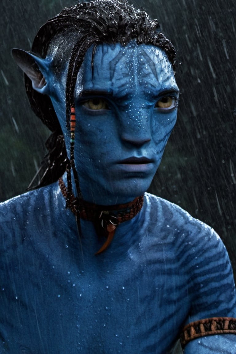 Lo’ak, na’vi, blue skin, freckles, black braids, tribal jewelry, male, 1boy, in the rainy jungle, wet, serious face, upper body, tail, realistic_eyes, skin details, extreme details, HDR, HD resolution, movie scene, movie still