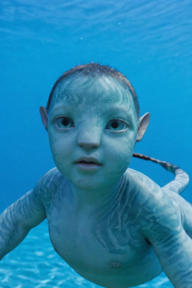 beautiful na’vi, alien, baby, turqoise skin, colored skin, pointed ears, freckles, soft blue eyes, bald, skin details, underwater background, swimming, visual dictionary, More Reasonable Details