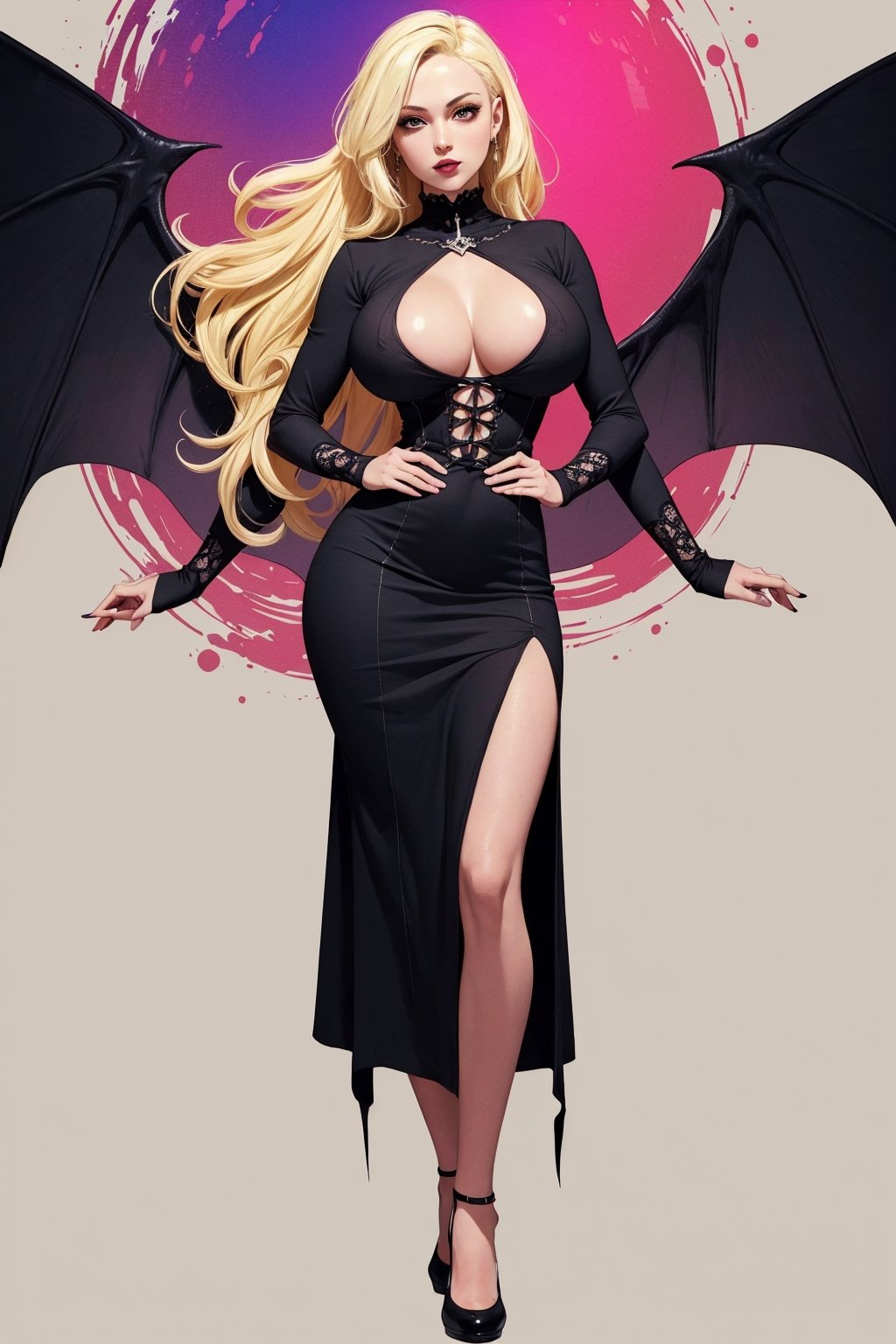 1girl, High detailed, (masterpiece, best quality, ultra-detailed, 8K), ((blank background)), vibrant colors, (thin tiny hypersex blonde, very huge boobs, gothic dress, pin-up, lustful), High detailed, looking_at_viewer, full body, High detailed ,Color magic,Saturated colors,Exorcist,Color saturation 