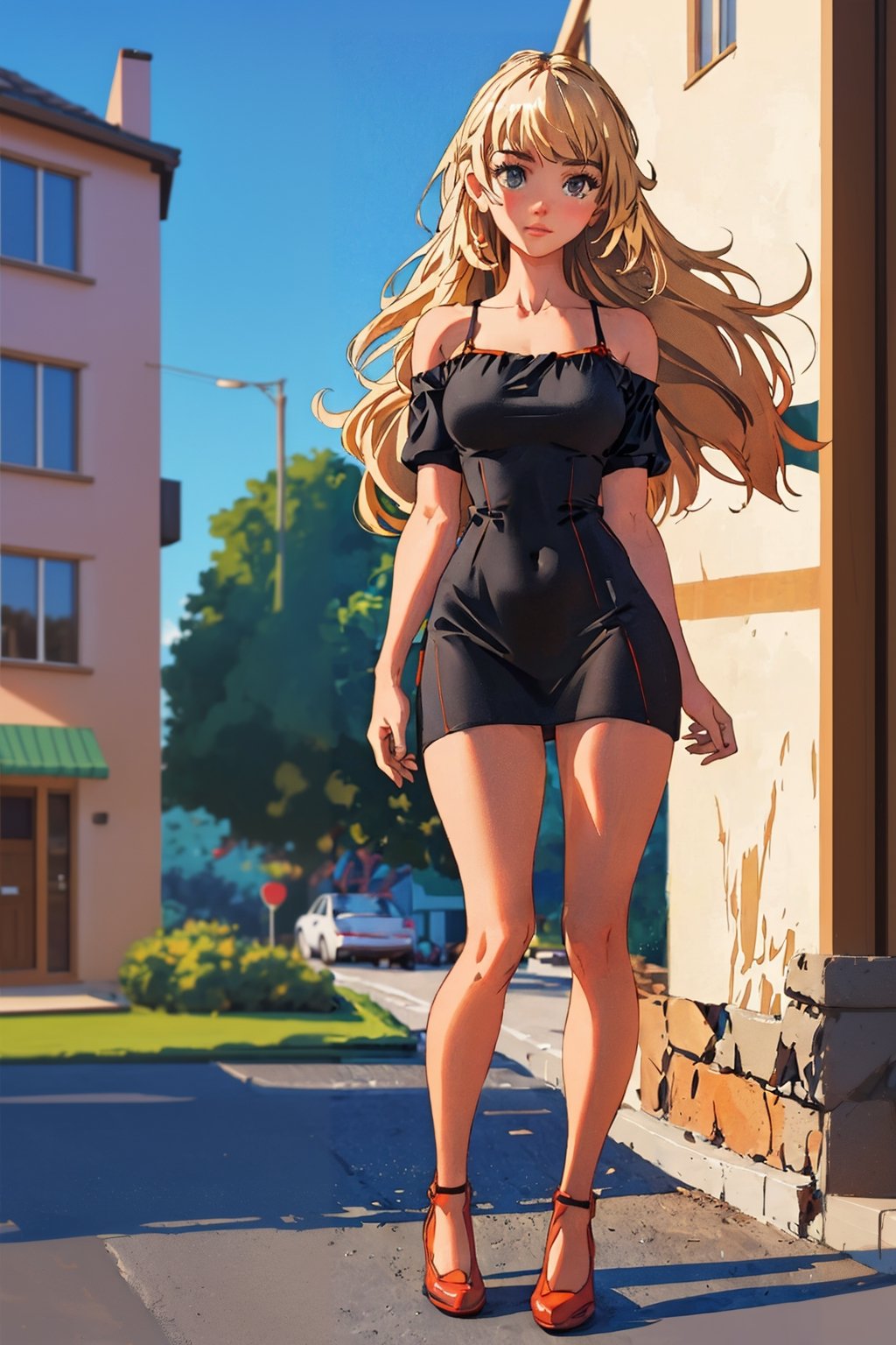 alena aenami, pin-up, skinny long haired blonde beauty, flirty, shy, fancy short black dress, full body view