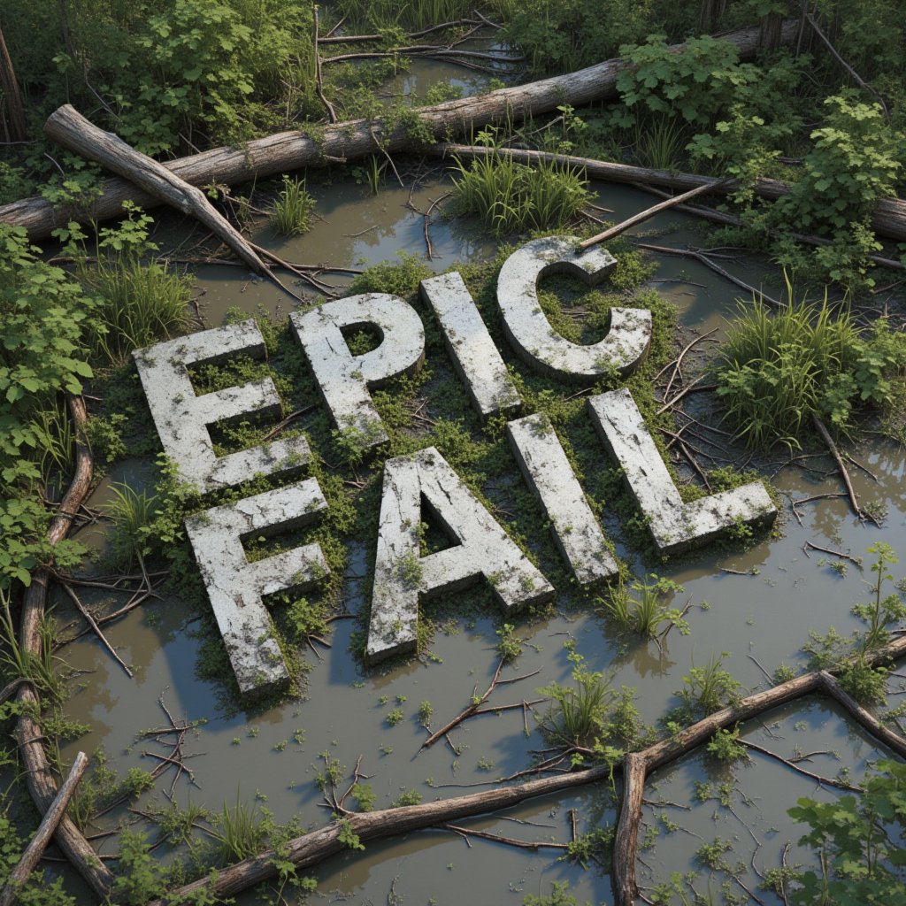 Heavy stone letters "EPIC FAIL" laying in a swamp mud