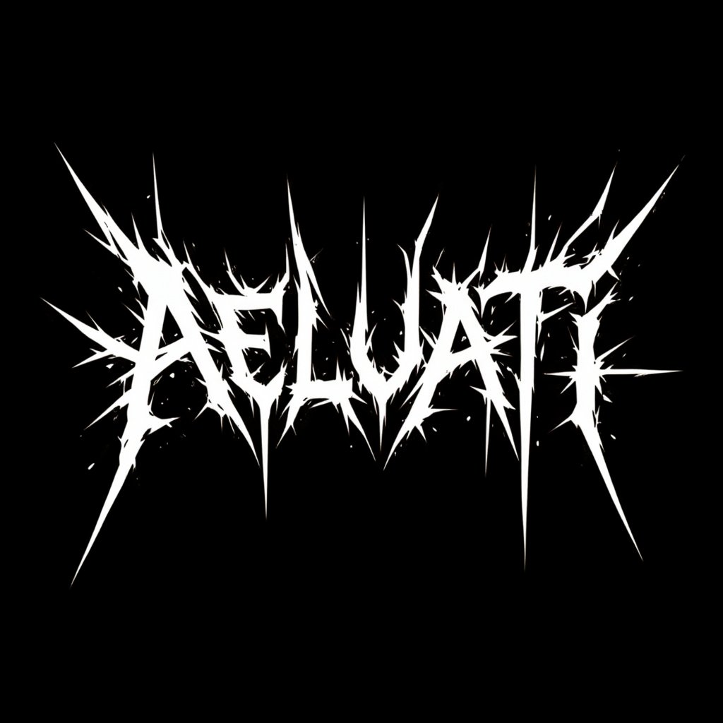 Doom metal logo design for the band name "AELUATI". Highly complex and slashy white golden text on pure black background, Sharp and elongated letter forms resembling rays of divine wrath. Symmetrical composition with extensions above and below. Sharp straight crossy forms. Gothic, alchemy, occult aesthetic with a hint of aggressive high tech. Perfectly balanced negative space between letters. High contrast black and white design without any gray tones. Evokes a sense of holy wrath and otherworldly menace. Stylish yet readable.