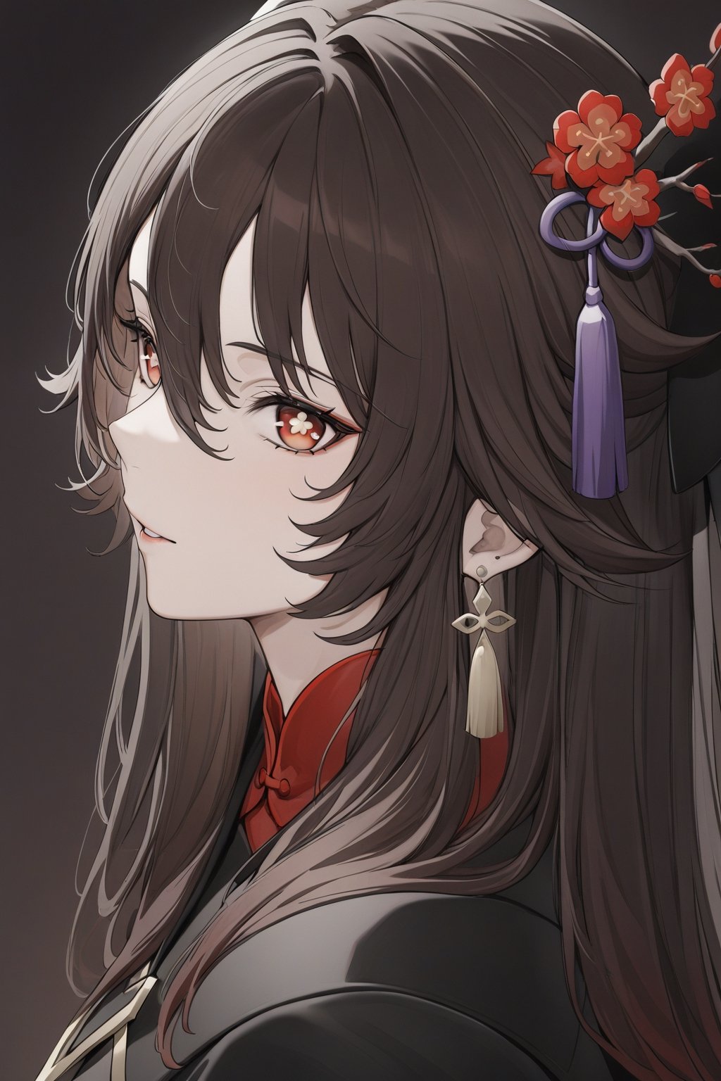 masterpiece, best quality, 1girl,  solo, bangs, hu tao, genshin impact, marumoru_style, hair ornament,  brown hair, jewelry, red eyes, earrings, profile, portrait, looking at viewer, flower shaped pupils