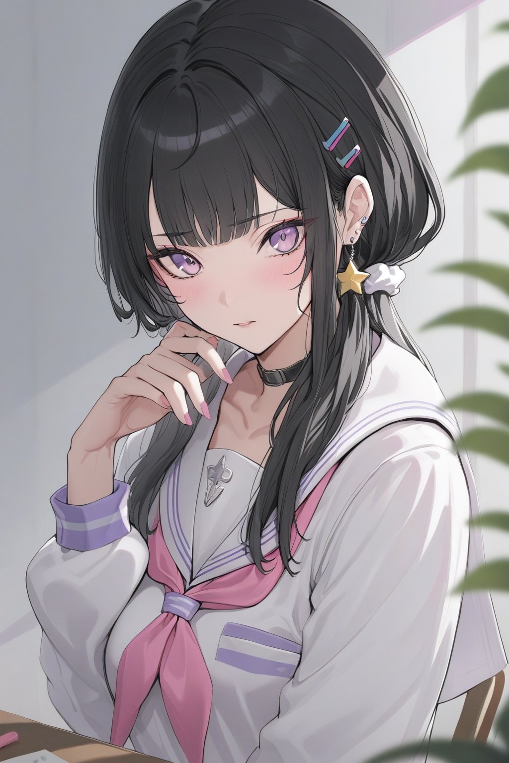 masterpiece, best quality, 1girl, black hair, hair ornament, twintails, solo, star hair ornament, long hair, pink nails, scrunchie, star \(symbol\), earrings, school uniform, jewelry, sailor collar, purple eyes, nail polish, serafuku, upper body, low twintails, hairclip, bangs, pink eyes, hair scrunchiemarumoru_style