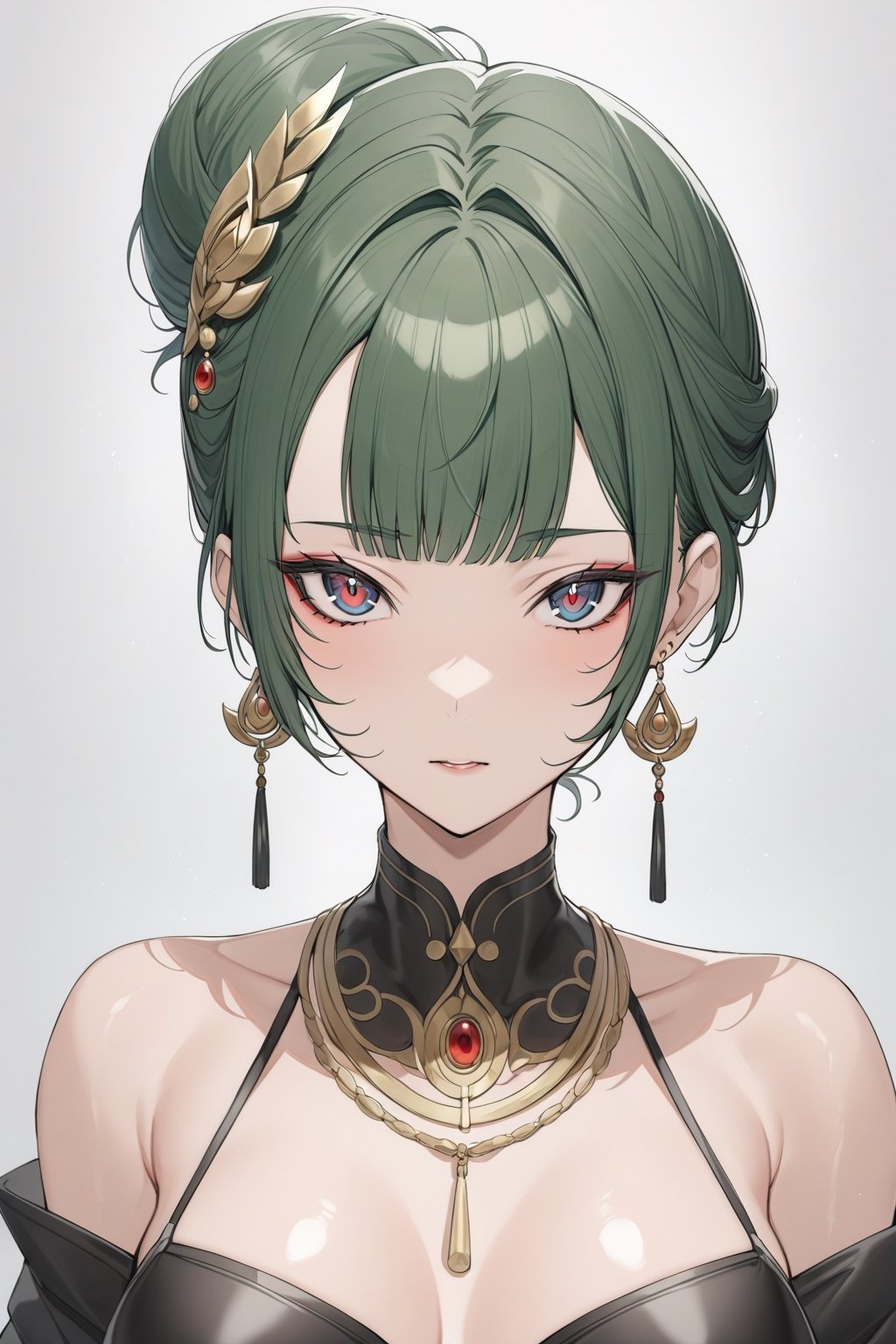 masterpiece, best quality, 1girl, solo, looking at viewer, oil, oil skin, shiny_skin, glare on skin, bangs, MAOMAO,DARK GREEN HAIR,BLUE EYES,HAIR ORNAMENT, HAIR BUN, EARRINGS,EARRINGS,GOLD NECKLACE,RED EYE SHADOW,marumoru_style,isatis_style, standing, off_shoulders , small breats, upper_body, black pupils,