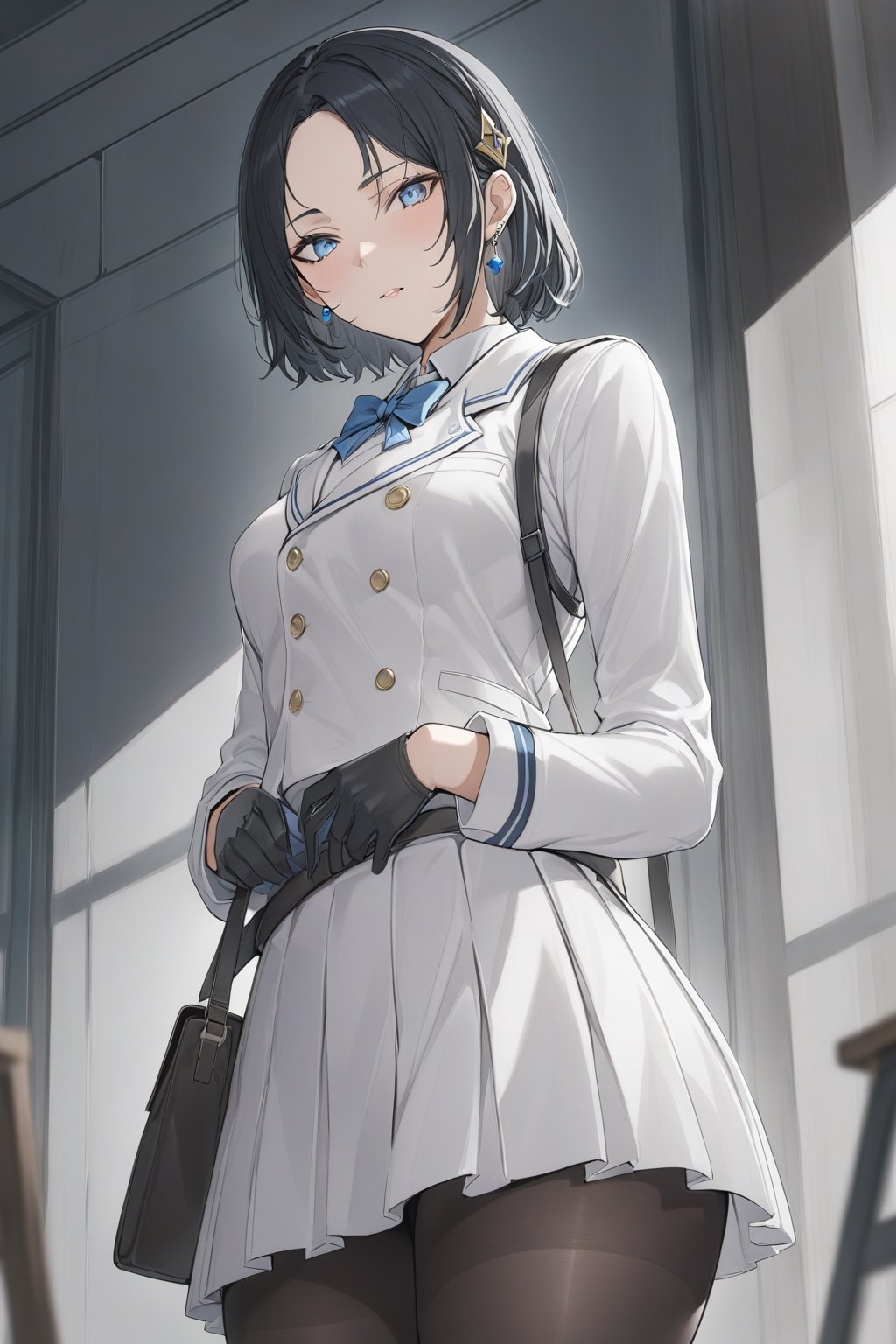 masterpiece, best quality, 1girl, solo, bangs, marumoru_style, short hair, hair ornament, gloves, black hair, jewelry, blue eyes, school_uniform, white uniform, pantyhose, cowboy_shot, earrings, forehead, from below