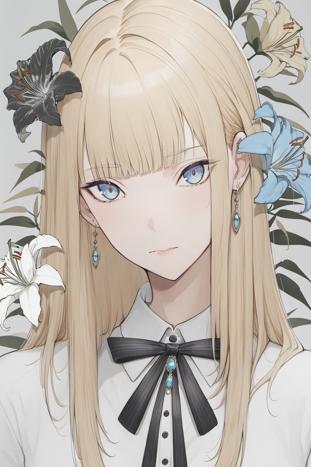 masterpiece, best quality, marumoru_style, 1girl, solo, long hair, looking at viewer, bangs, blue eyes, blonde hair, shirt, bow, ribbon, jewelry, closed mouth, flower, earrings, blunt bangs, grey background, black ribbon, black bow, neck ribbon, portrait, lily \(flower\)