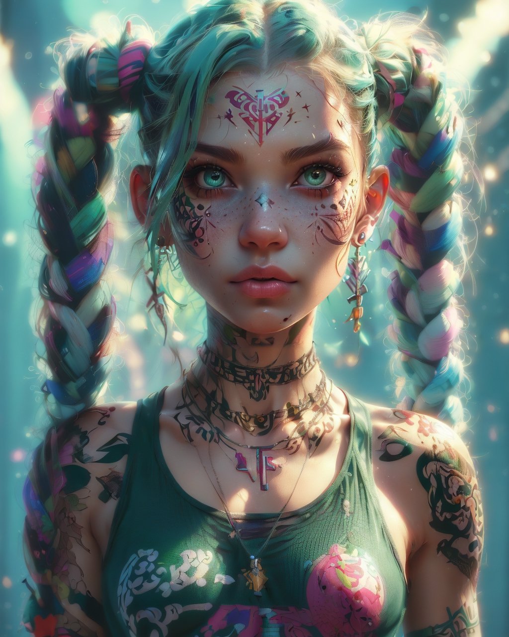 (masterpiece, realistic:1.5), 1girl,solo,long hair,looking at viewer,bangs,bare shoulders,twintails,brown eyes,jewelry,green eyes,collarbone,upper body,braid,earrings,parted lips,green hair,artist name,necklace,twin braids,lips,tattoo,makeup,facial mark,piercing,tank top,cross,armlet,freckles,forehead mark,realistic,nose,arm tattoo,shoulder tattoo,lip piercing,jinx (league of legends)