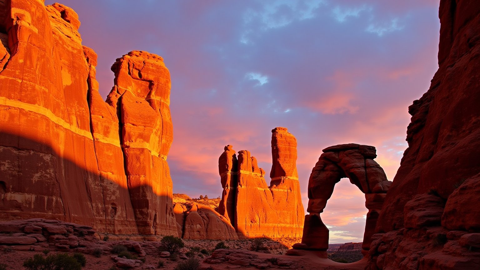 This photograph captures a breathtaking view of the iconic rock formations known as the "Mesa Arch" in Canyonlands National Park, Utah. The scene is dominated by towering, reddish-brown sandstone cliffs and buttes that rise dramatically from the foreground to the background. The foreground features a prominent, free-standing arch, known as Mesa Arch, which spans across the center-left of the image. This arch is a natural rock formation with a delicate, almost ethereal appearance, framed by the rugged, jagged cliffs that surround it.

The middle ground showcases a series of tall, vertical rock formations that create a striking contrast with the arch. These formations are layered with rich, earthy tones of orange, red, and brown, highlighting the texture and ruggedness of the rock. The sky above is a mix of deep blues and soft pinks, with a few wispy clouds scattered across it, adding a sense of depth and scale to the scene. The lighting is warm and golden, suggesting either early morning or late afternoon, casting long shadows and creating a dramatic play of light and shadow on the rocks.

The overall composition of the image is balanced, with the arch as the focal point, surrounded by the majestic cliffs and the expansive sky.
