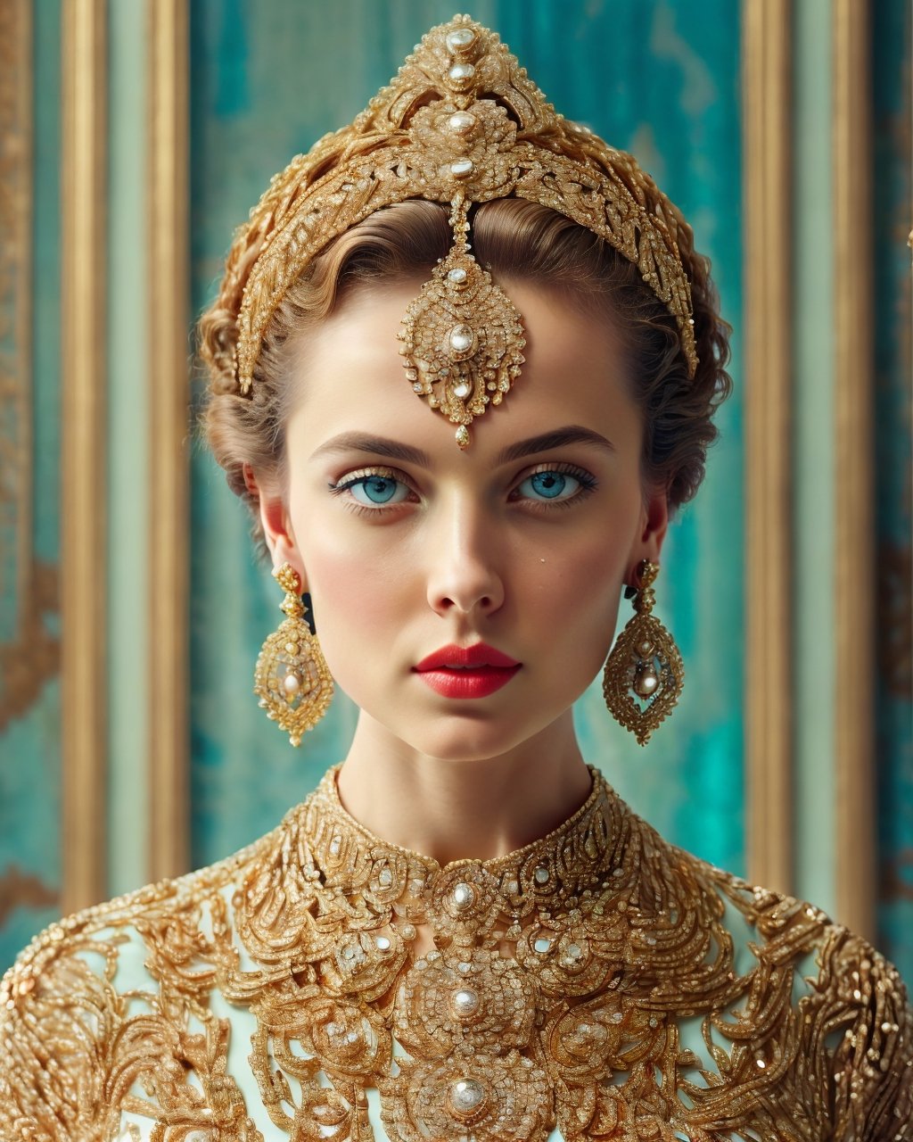 (ultra high res,photorealistic,realistic,best quality,photo-realistic),(8k, raw photo, best quality, masterpiece),1girl,solo,looking at viewer,short hair,blue eyes,jewelry,closed mouth,upper body,earrings,necklace,blurry,lips,makeup,blurry background,expressionless,portrait,red lips,straight-on,gold