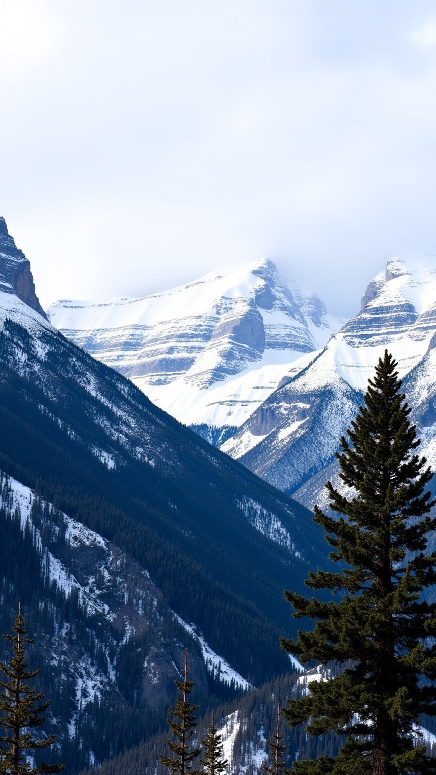 This is a high-resolution photograph capturing a majestic mountainous landscape during winter. The foreground features a tall, coniferous tree, likely a pine or spruce, with dark green needles and a sturdy trunk. The tree stands prominently in the lower right quadrant of the image. Beyond the tree, the scene transitions into a valley filled with rolling, snow-covered mountains. These mountains are rugged and steep, with patches of snow dotting their slopes and crevices. The snow is crisp and white, contrasting sharply with the dark, evergreen forests that cling to the mountain flanks. The midground is dominated by the snow-capped peaks, which rise majestically into the sky. These peaks are a mix of rocky outcrops and smooth, rounded summits, all blanketed in snow. The sky above is a pale blue, tinged with hints of white clouds, suggesting a clear, crisp day. The overall mood of the image is serene and awe-inspiring, capturing the stark beauty and solitude of a winter mountain range. The photograph is likely taken in a high-altitude, temperate region, possibly the Rocky Mountains or the Sierra Nevada range.
