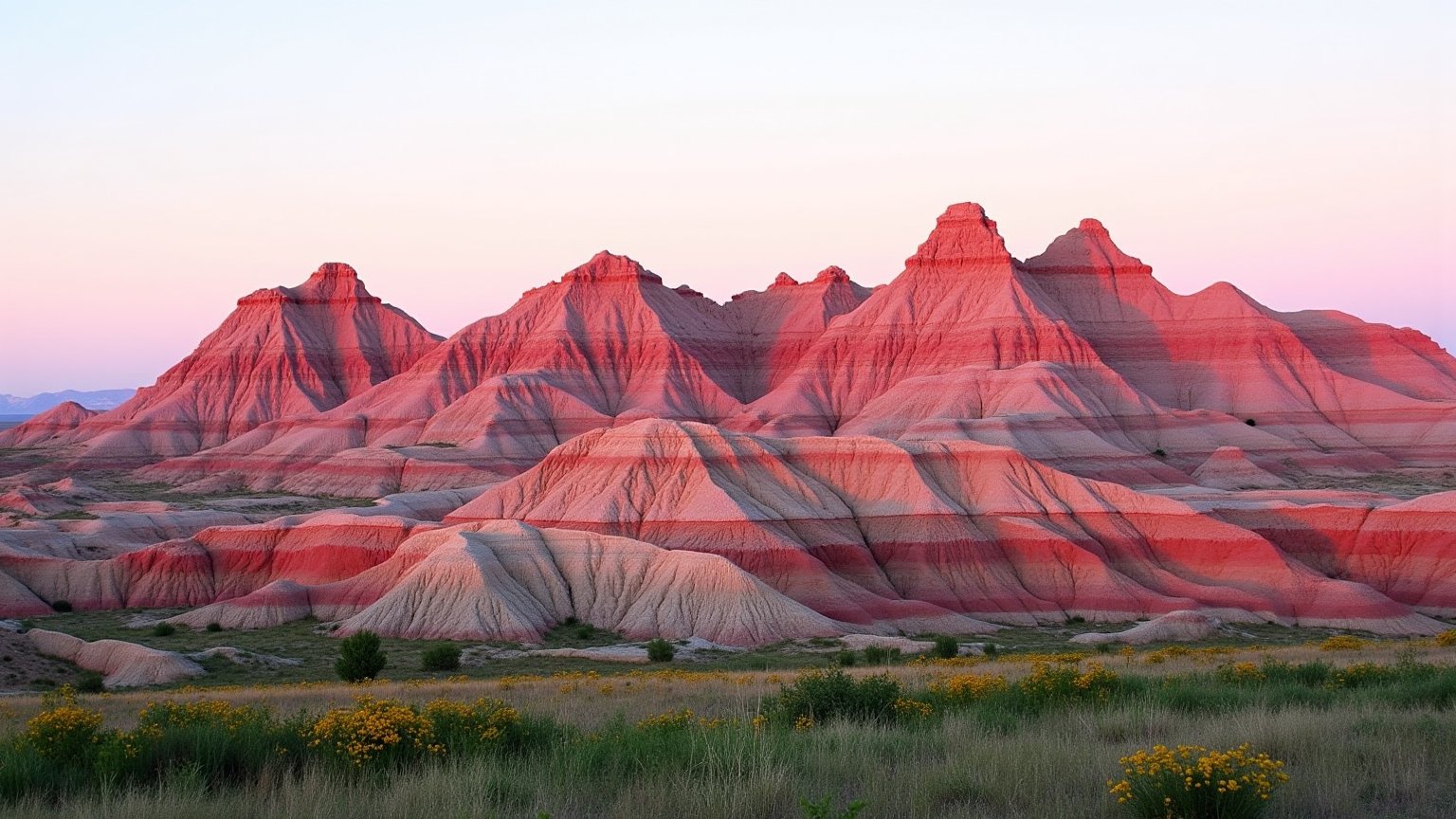 This is a high-resolution photograph capturing a stunning landscape of Badlands National Park in South Dakota. The image showcases the rugged and colorful terrain of the Badlands, characterized by its layered sedimentary rock formations. The foreground features rolling hills and low-lying vegetation, predominantly grasses with patches of greenery and small yellow wildflowers scattered throughout. The midground reveals larger, more pronounced hills and buttes with distinct layers of earth in shades of pink, red, and brown, created by the erosion of the sedimentary rocks.

In the background, the Badlands' iconic steep, jagged peaks rise majestically against the horizon, bathed in the soft light of either sunrise or sunset, casting a warm, golden glow over the entire scene. The sky is clear, with a gradient of pale blue transitioning into a soft pink hue as it meets the horizon, adding a serene and ethereal quality to the landscape. The photograph captures the immense scale and raw beauty of the Badlands, emphasizing the geological formations and the delicate balance between the natural elements. The textures in the image range from the smooth, undulating hills to the rough, striated rock faces, highlighting the diversity and complexity of the terrain.
