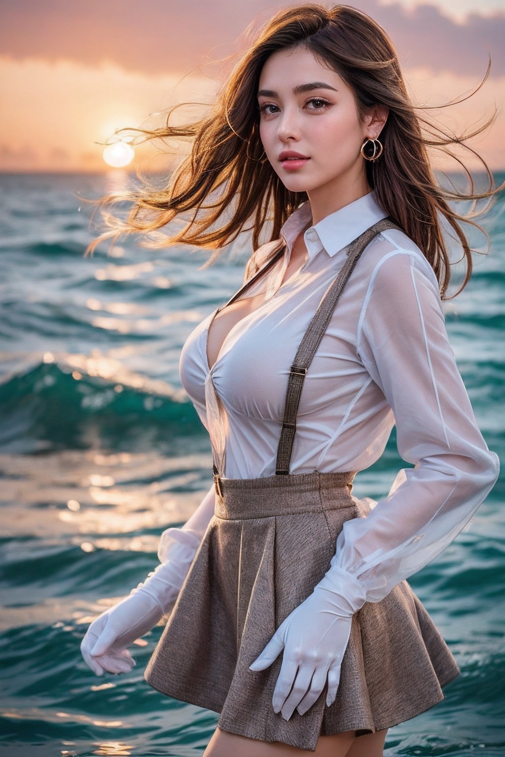 ultra realistic,The atmosphere is captured in high grain, reminiscent of ISO 800 film with wide angle.see- through nudes, real girls, FEMALE,REALISM,
alternate hairstyle,
black skirt,
brown hair,
crying with eyes open,
dated,
dress shirt,
earrings,
floating hair,
from side,
grey eyes,
hair down,
high-waist skirt,
jewelry,
large breasts,
long hair,
long sleeves,
looking at viewer,
ocean,
partially fingerless gloves,
solo,
star (symbol) ,
star earrings,
sunset,
suspender skirt,
suspenders,
tears,
wading,
white gloves,
white shirt,
wind