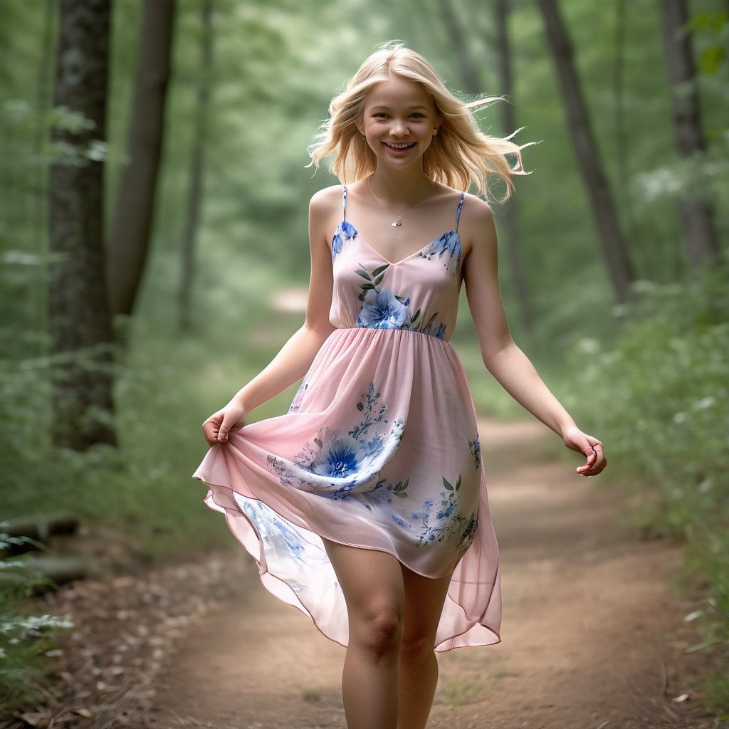 hyper realistic photo, young girl, smiling, blonde hair, medium breasts, wearing a sheer pink and blue sundress and white sandals, standing on a trail that runs through a wooded area, hands on hips, wind blowing the dress up revealing her sexy pink panties, facing viewer, full body shot 