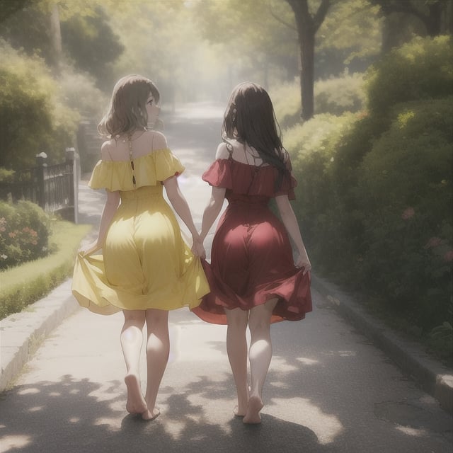 Ultra realistic, masterpiece, hd, complex_background, (two young girls )walking away from the viewer. Both girls have colorful dresses, the girls are barefooted and (carrying their shoes) as the walk on a tree lined path, (one girl is brunette and wearing a red dress, the other girl is blond and wearing a yellow dress),  the colors in their dresses is accentuated by bright sunshine shining on their backs as they walk away making the dresses semi transparent 