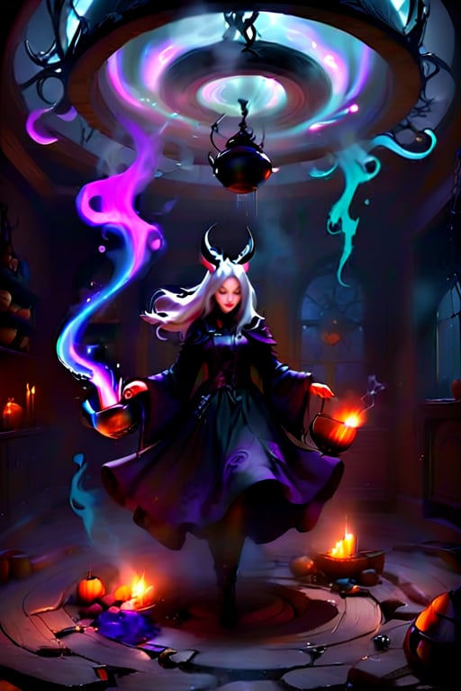 Ultra realistic masterpiece, hd, complex_background, 1 witch, conjuring a spell, a pot of evil liquid in front of her. Energy swirls around. She is dressed in black, grey hair in a bun, strange items hang from the ceiling,  the room is cluttered with things associated with her craft. Detailed,  dark, ,LegendDarkFantasy