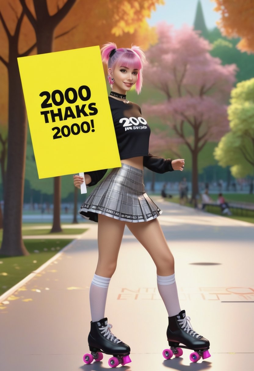 Ultra realistic, masterpiece, punk girl in shortskirt, roller skating, in park, she is holding a placard that says "2000 likes thanks", realistic, key visual, vibrant, ambient lighting, highly detailed, 