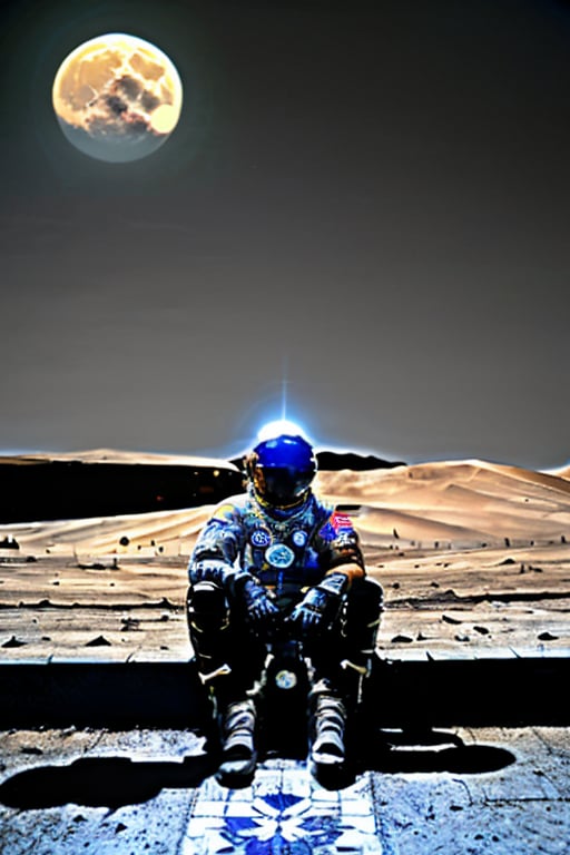 Hd, complex_background, masterpiece, ultra realistic,  a moon rover sits on the (moons surface) with earth in the background,  (two astronauts approach the rover), ((the rover is sitting on cement blocks, the wheels are gone and the rover has been stripped)),  graffiti covers the rovers remains. One astronaut remarks, " i told them we shouldn't leave it here!", perfect spacesuits, spacecraft in the distance,  ,shodanSS_soul3142