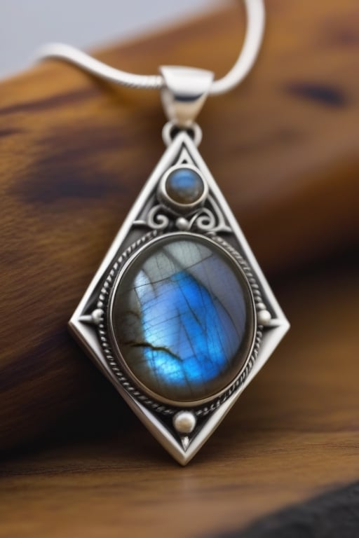 Ultra realistic, masterpiece, hd, complex_background, sterling silver triangular Pendant with labradorite cabochon, in the center, 