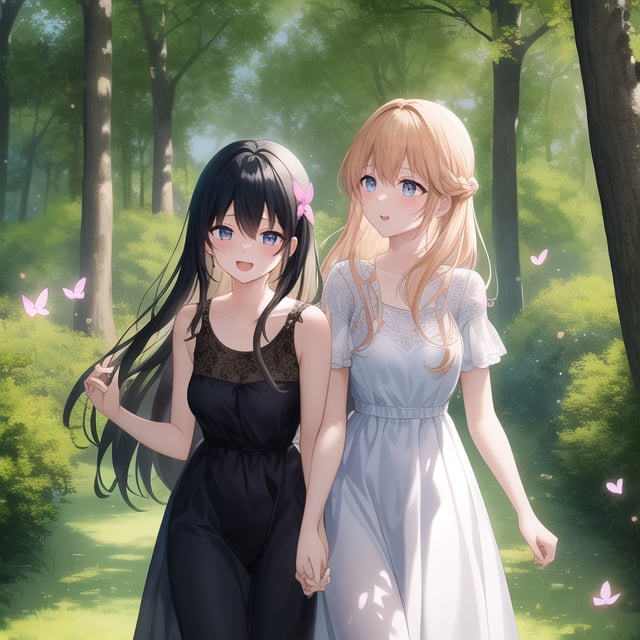 Anime, hd, bright colors, intense details,  two teen girls in dresses, playing in a magical forest. Surrounded by trees, playing in a clearing covered in grass, the girls are laughing and catching butterflies, both girls have long hair