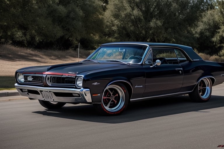 Ultra realistic, masterpiece, hd, complex_background, 1964 Pontiac GTO, black, mag wheels, racing wheels, tinted windows,  photo shoot, outdoor lighting, ,photorealistic,  background reflections in paint