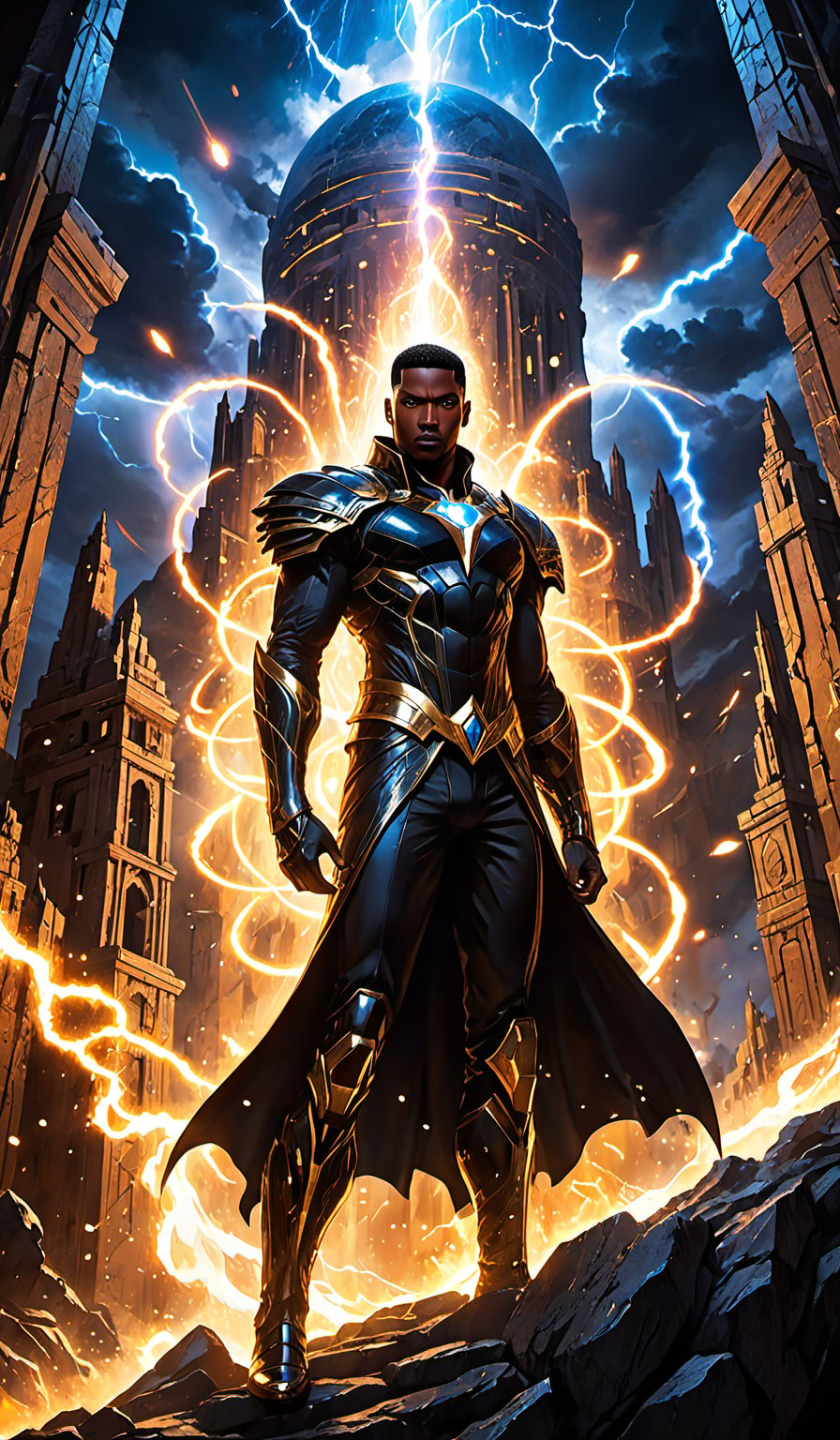 Cinematic mastery unfolds in one masterpiece: a powerful black magician towering over an abstract background of chaotic relief circles on ancient black stone, exuding menace. His pin-up style costumes sparkle with intense flashes of lightning strikes, lightning, blue, silver and gold, shimmering under dramatic, voluminous and dynamic lights. As raw energy enters the earth, he summons a force of the calamity of the century, exploding earth, sand, and rock into the air, triggering an awe-inspiring display of earthquakes and fire and lightning that is both mysterious and conspiratorial.