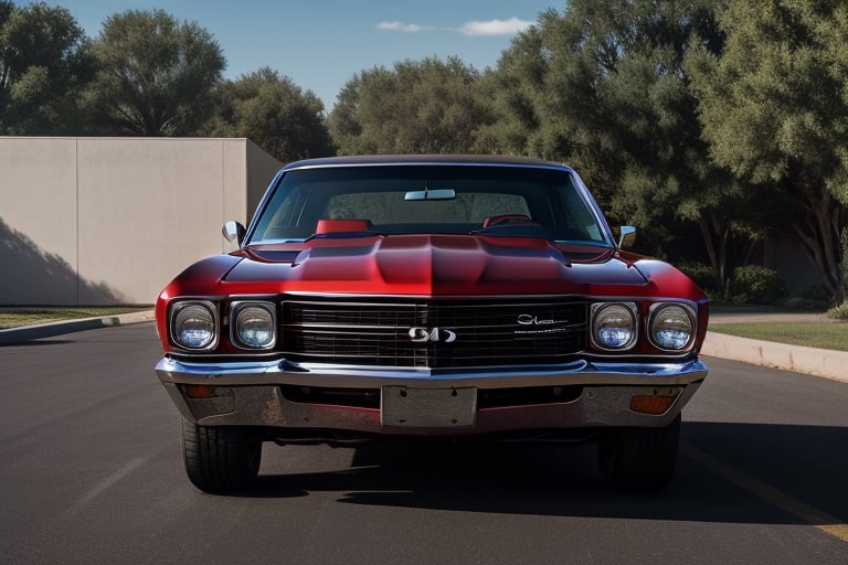 Ultra realistic, masterpiece, hd, complex_background, 1969 Chevrolet Chevelle, red, mag wheels, lifted rearend, tinted windows,  photo shoot, outdoor lighting, ,photorealistic,  background reflections in paint